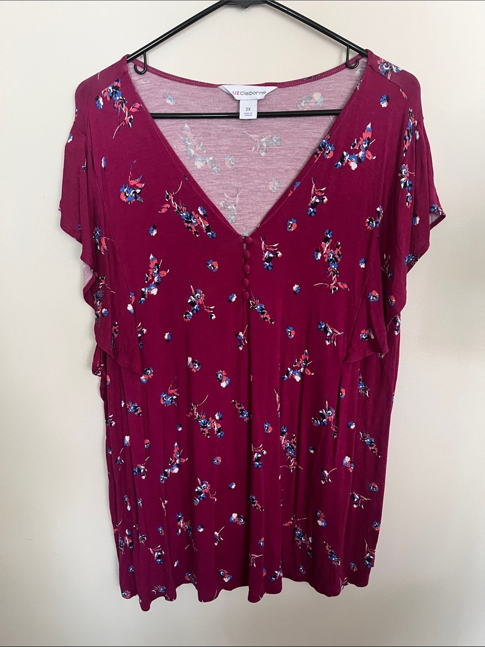 Liz Claiborne Maroon Floral V-Neck Blouse